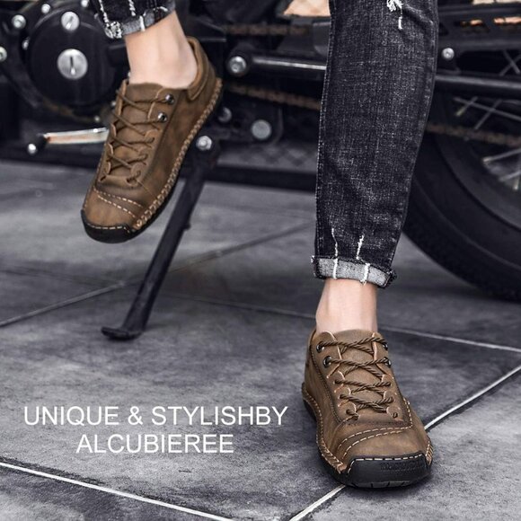 Alcubieree Men Brown Leather Casual Fashion Loafer Driving Rubber Sole Sneakers - Picture 5 of 8